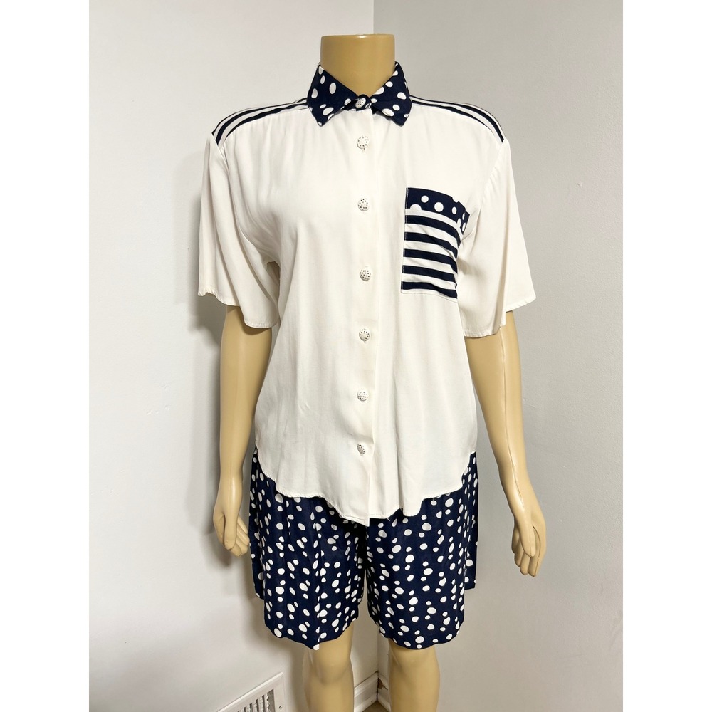 Studio C Vintage Navy Blue White Polka Dot Striped Two Piece Short Set M 80s 90s